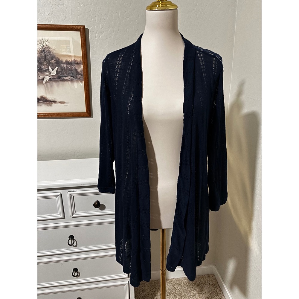 New Woman‎ Design Navy Blue Crochet Lace Back Open Front Cardigan Womens Medium